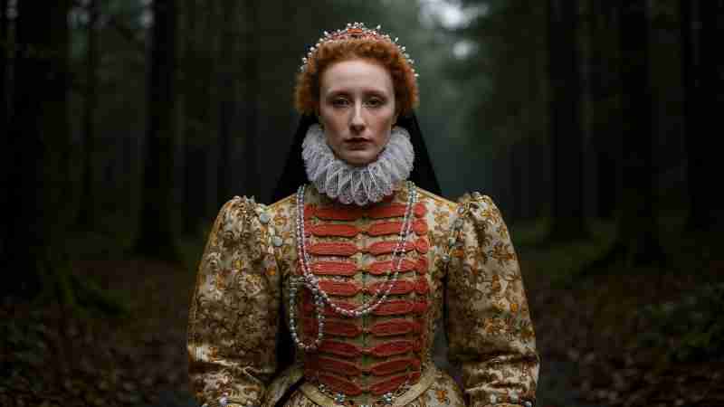 Elizabeth I - Full-length portrait of Queen Elizabeth in her early 40s. She has red hair, fair skin, and wears a crown and a pearl necklace. - Digital concept art for illustrative purpose, tags: la moda femminile elisabettiana bellezza - Monok